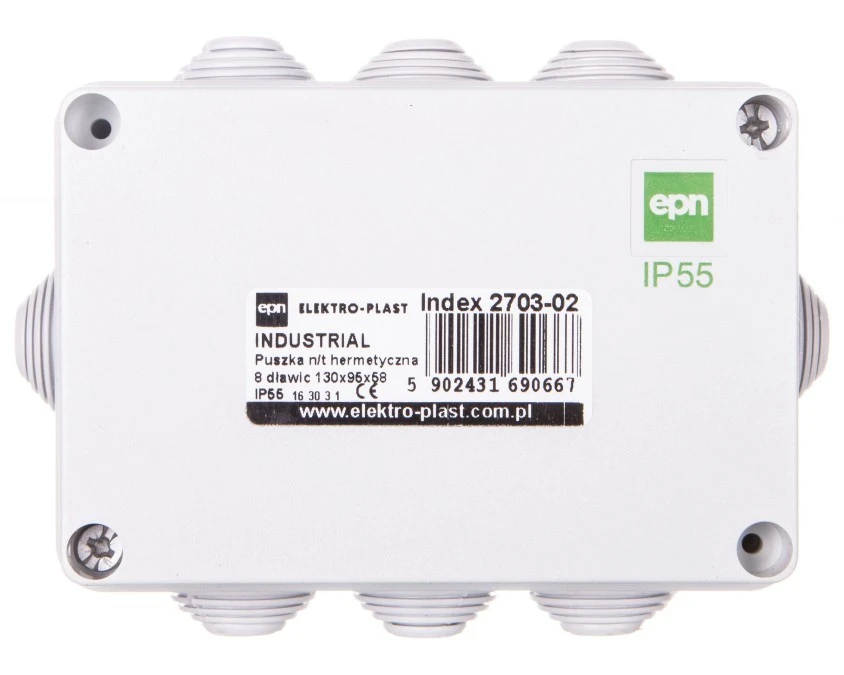 INDUSTRIAL Puszka hermetyczna n/t 130x95x58 z 8 dławnicami IP55 szara 2703‑02