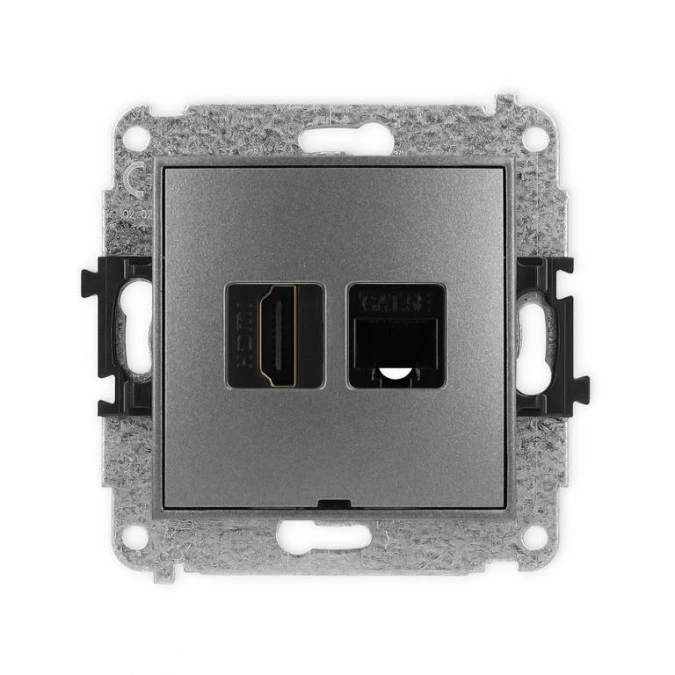 ICON Mechanizm gniazda pojedynczego HDMI 2.0 + gniazda komp. poj. 1xRJ45, kat. 5e, 8‑styk, bez pola opisowego grafitowy 11IGHKBO