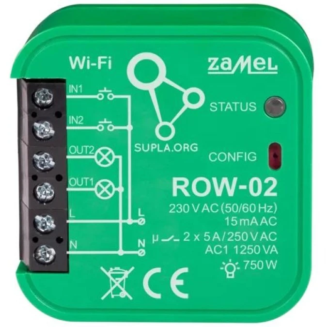 Inteligentny sterownik Wi‑Fi 2‑kanałowy do oświetlenia ROW‑02 SUPLA ZAMEL Puszkowy2xNO 5A/250 VAC