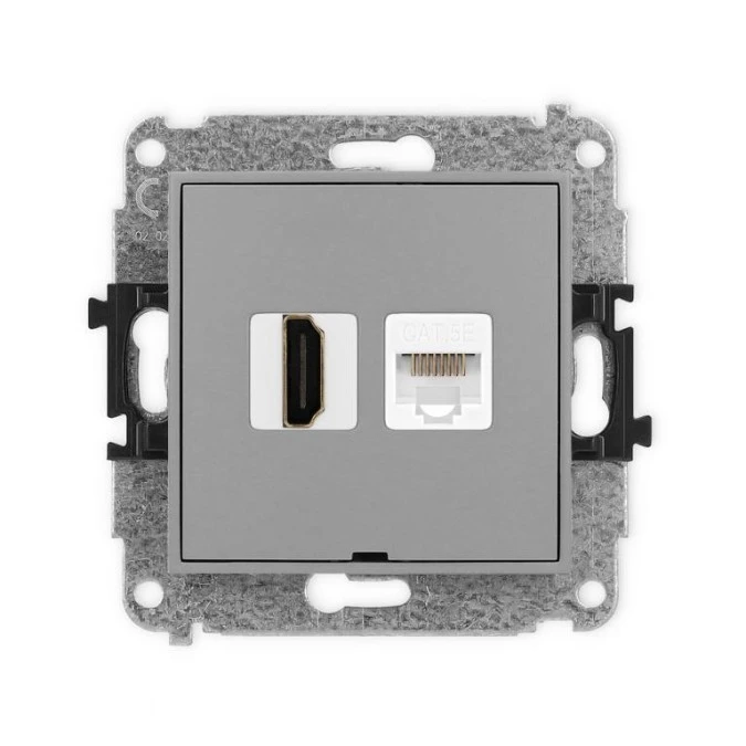 ICON Mechanizm gniazda pojedynczego HDMI 2.0 + gniazda komp. poj. 1xRJ45, kat. 5e, 8‑styk, bez pola opisowego szary mat 27IGHKBO