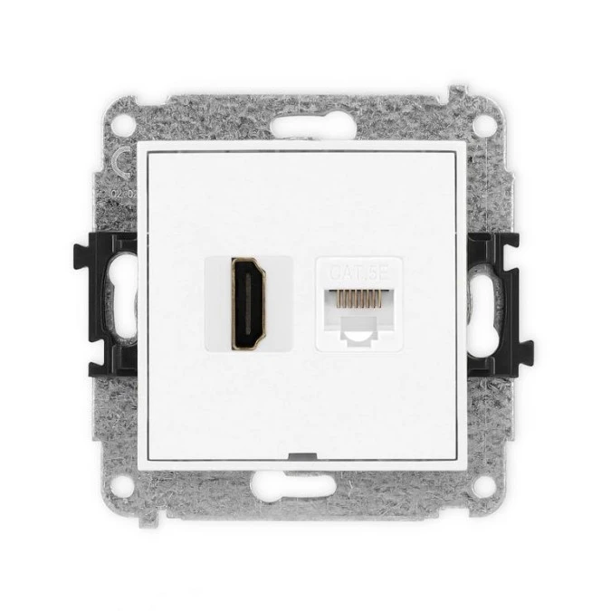 ICON Mechanizm gniazda pojedynczego HDMI 2.0 + gniazda komp. poj. 1xRJ45, kat. 5e, 8‑styk, bez pola opisowego biały mat 25IGHKBO