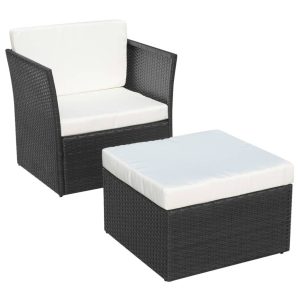 Krzesło Ogrodowe z Podnóżkiem i Poduszką Fotel Ogrodowy Czarny Rattan 938231 Krzesło Ogrodowe z Podnóżkiem i Poduszką Fotel Ogrodowy Czarny Rattan 938231