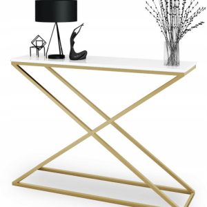 Loftowa Konsola X Przedpokój Metal 110x30x80 Złota+Biały Połysk 913160