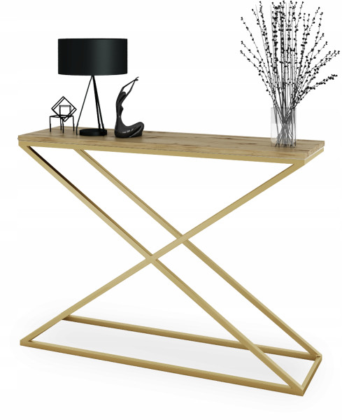 Loftowa Konsola X Przedpokój Metal 110x30x80 Złota+Dąb Artisan 913162