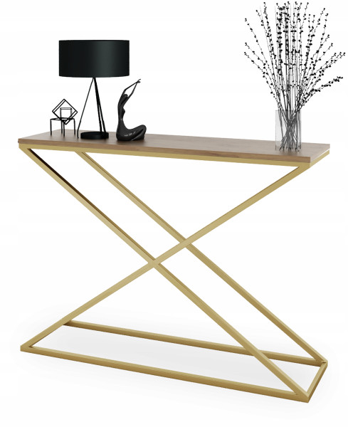 Loftowa Konsola X Przedpokój Metal 110x30x80 Złota+Dąb Lancelot 913148