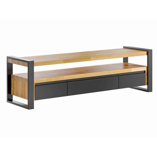 Loftowa szafka RTV z drewna i metalu. Uchwyty aluminiowe 334322