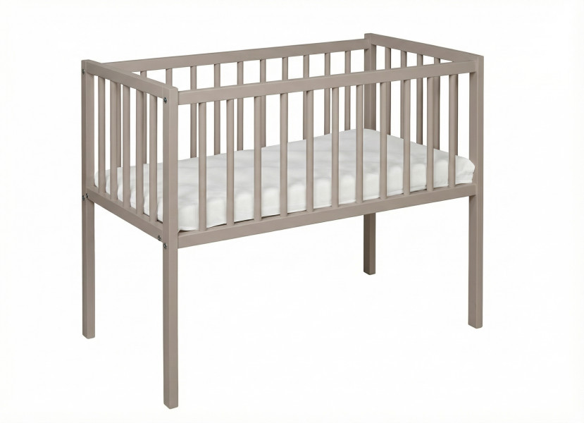 Łóżeczko Charlie taupe 80x40 BUKOWE dostawka materac opuszczany bok szelka 865829