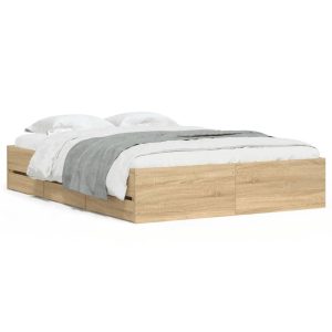 Łóżko 135×190 Brązowe z Szufladami Rama Łóżka Dwuosobowe do Sypialni 1102299