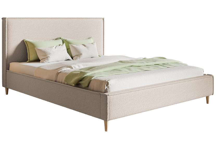 Łóżko tapicerowane 140x200 LUXO 8 na drewnianych nogach, boucle - beżowy 793415